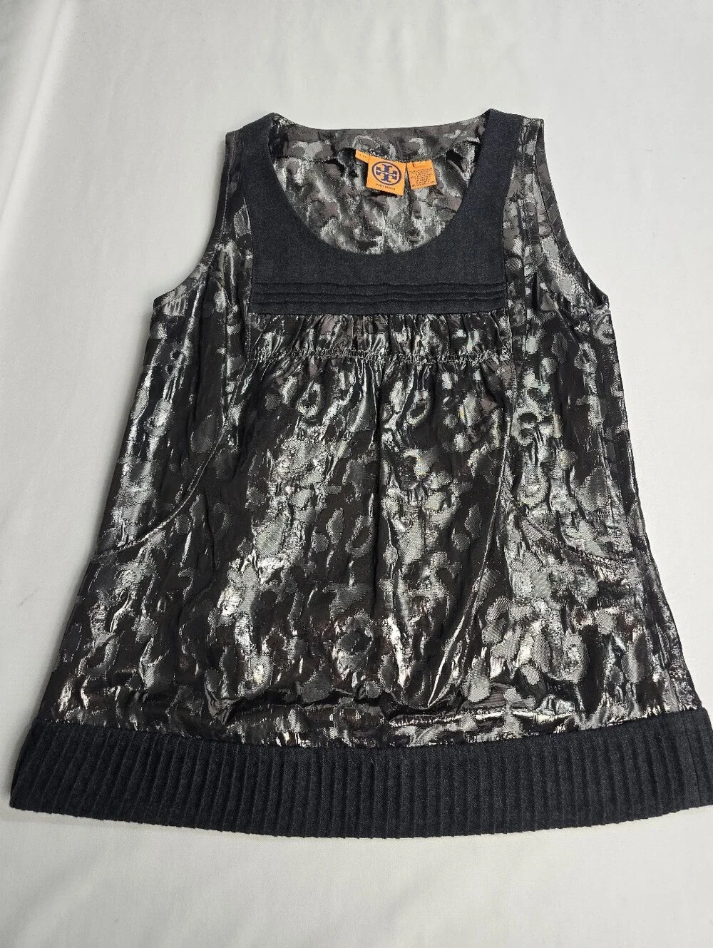 Tory Burch Black Metallic Sleeveless Leopard Animal Print Top Size 8 Blouse